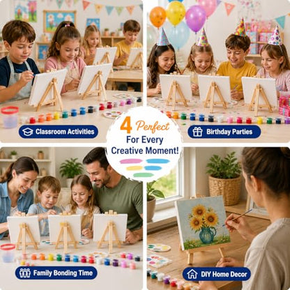 10 Set Mini Acrylic Paint Kit, Mini Canvas with Wooden Easels Acrylic Paints Strips, Minis Easel with Canvases for Kids Adults Classroom Birthday Painting Party (6 x 6Inch)
