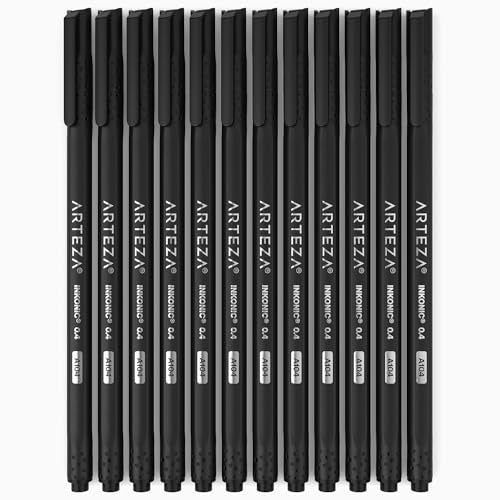 ARTEZA Black Inkonic Fineliners Pens, Set of 12, 0.4 mm Fine Tip Markers, Water-Based Art Pens for Drawing, Sketching, Journaling, Calligraphy - size: 1 Count (Pack of 12)