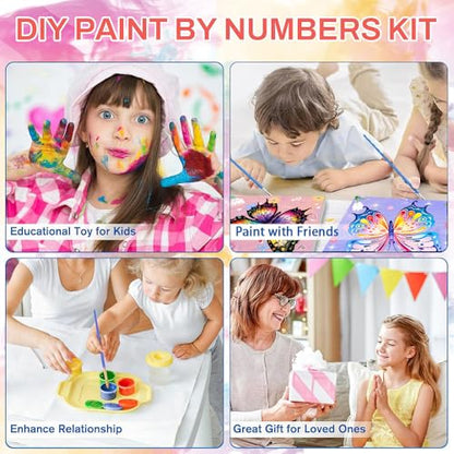 WEMEON 4 Pack Paint by Numbers Kit for Kids 4-8-12 with Framed, Butterfly Kids Small Paint by Numbers kit, Framed Mini Painting by Numbers for Kid Painting Set(8x8Inch) - color: ETYH52-53-54-55-US（8x8inch)