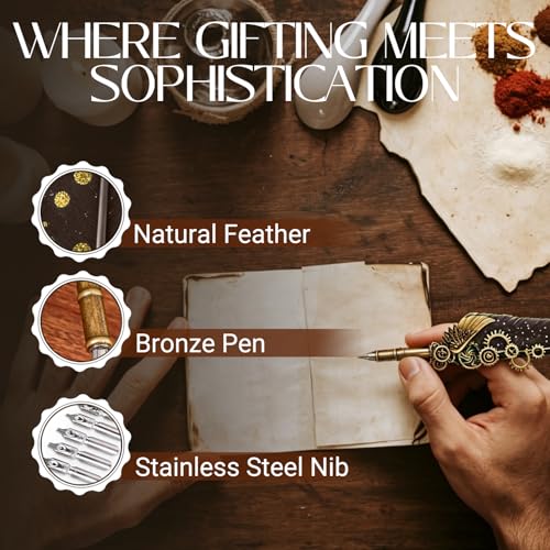 Joyeee Grey Feather Quill Pen Set, with Dip Pen Ink, Pen Nib Base, Replacement Stainless Steel Nibs, Sealing Wax Stamp Kit for Calligraphy Practice, Drawing & Signatures, Best Gifts for Women Men - color: Grey Feather Pen Set