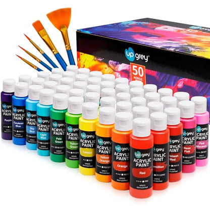 UPGREY 50 Colors Acrylic Paint Set, Non Toxic Art Paints (2fl Oz/60ml Each) With 5 Craft Paint Brushes, Metallic Acrylic Paints Kids Adults for Canvas Crafts Stone Wood Ceramic And Model Painting - color: 50 Colors(60 ml/2fl oz）
