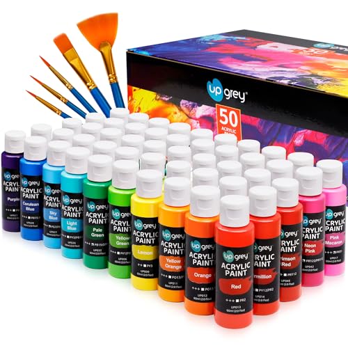 UPGREY 50 Colors Acrylic Paint Set, Non Toxic Art Paints (2fl Oz/60ml Each) With 5 Craft Paint Brushes, Metallic Acrylic Paints Kids Adults for Canvas Crafts Stone Wood Ceramic And Model Painting - color: 50 Colors(60 ml/2fl oz）