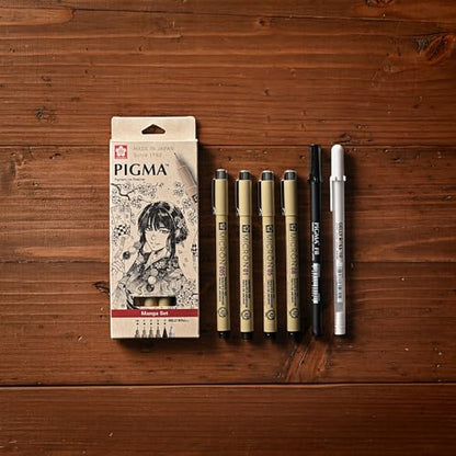 SAKURA Pigma Micron - Pigment Fineliner Pens - 005/01/05/08/GellyRoll 0.5mm/Fine Brush - Paper Case of 6 - Black Ink - style: Manga Set