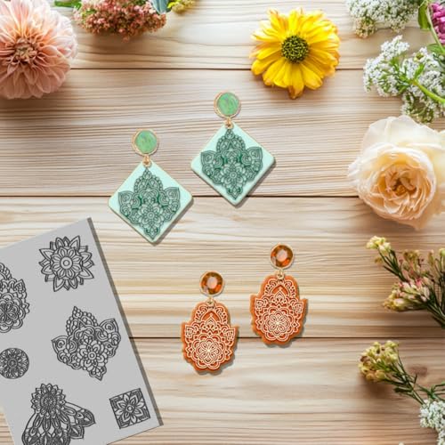 CHGCRAFT Mandala Polymer Clay Texture Sheets Flowers Texture Mat Rubber Clay Texture Mat Clay Modeling Pattern Pad Texture Sheets for Earrings Jewelry Making - style: Mandala Flowers