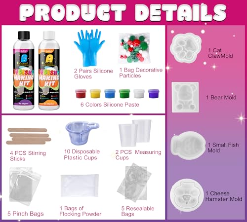 Liquid Silicone Taba Squishy Kit, 18oz 1:1 AB Ultra Soft Squishy Feel Fast Cure Silicone Rubber, Bubble-Free, 4 Moulds Cat Paw Hamster Bear Taiyaki, Flocking & Pom Poms, Ideal DIY Stress Relief Gift - color: 18oz