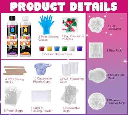 Liquid Silicone Taba Squishy Kit, 18oz 1:1 AB Ultra Soft Squishy Feel Fast Cure Silicone Rubber, Bubble-Free, 4 Moulds Cat Paw Hamster Bear Taiyaki, Flocking & Pom Poms, Ideal DIY Stress Relief Gift - color: 18oz