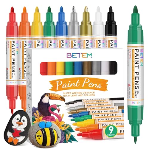 Betem 9 Count Dual Tip Oil Based Paint Markers Acrylic Paint Pens(0.7mm & 3mm), Permanent Marker Paint Markers, Waterproof, Quick Dry, for Fabric, Rock Painting, Wood, Plastic, Ceramic, Metal, Canvas - color: 9 Colors
