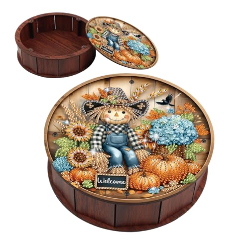 JZHYOAN Diamond Art Snack Box with Lid for Home DIY Wood Container Holder Scarecrow Round Storage Box for Relaxing Leiture Family Table Movie Snack Tray Organizer Diamond Painting Wood Snack Boxes - color: Yellow scarecrow