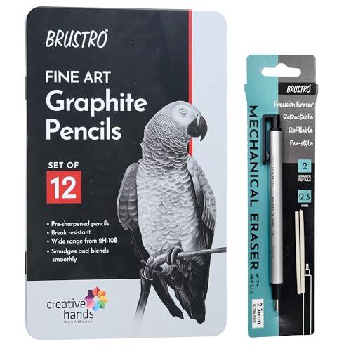 BRUSTRO Fine Art Graphite Pencil - Set of 12 (10B - 2H) with Mechanical Precision Retractable Eraser(2.3mm) | Ideal for Drawing,Sketching,Mandala,Shading,Artwork, Beginners, Artists and Professionals - style: Graphite Pencil + Mechanical Eraser