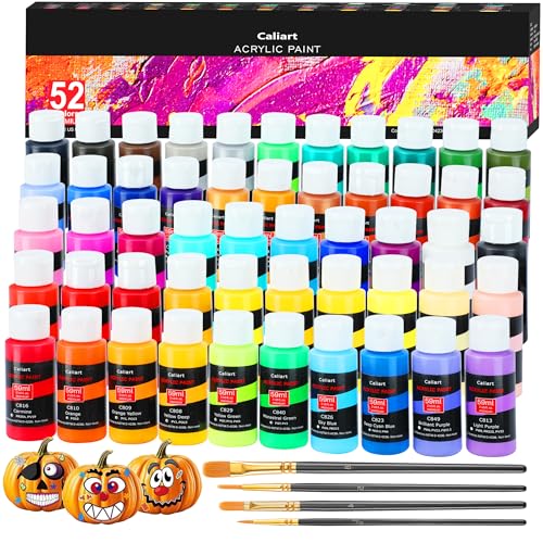 Caliart 52 Colors Acrylic Paint Set 4 Brushes | Craft Painting kit for Adults Artists Beginners, Rich Pigment Non-toxic, Canvas Wood Rock Pumpkin Ceramic Art Supplies Paint - color: Regular, size: 2 Fl Oz (Pack of 52)