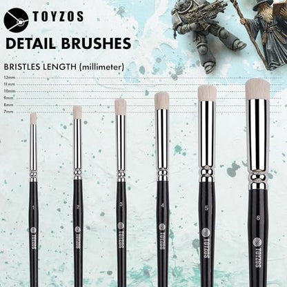 6-Piece Dry Brush Set - Model Paint Brushes, Professional Miniature Painting Brushes, Sleek Black Handles, Chrome Ferrules, Round Synthetic Bristles & Includes Storage Sleeve for Organization