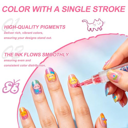 12 Colors Glitter Nail Art Pens Set, 3D Gel Nail Polish Pens Nail Art Drawing Pen Quick Dry Waterproof Nail Art Painting Pens kit for Home DIY Nail Art Design (SET A) - color: SET A