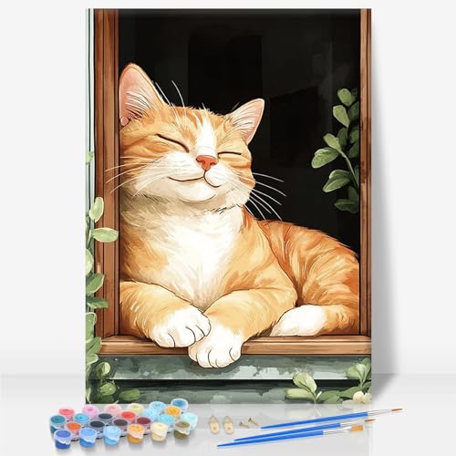 Camocin Framed Paint by Numbers Kit for Adults Beginner - Cute Orange Cat Paint by Number Canvas with Frame, Cozy DIY Acrylic Painting Kit for Cat Lover Home Wall Decor 8x12 Inch - color: OrangeCat-1, size: 8x12 Inch
