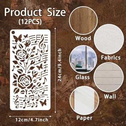 12 Sheets Musical Note Stencils for Painting, 12 Styles Musical Note Butterfly Flower Leaf Dancer Drawing Templates Plastic Art Templates for Painting on Wall Wood Home Decor - style: Melody Ballet