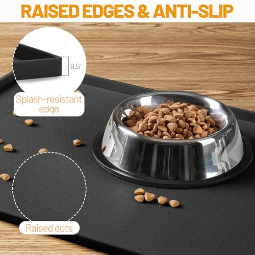 Hubulk Dog Feeding Mat,100% Waterproof Food Grade Silicone Pet Food and Water Bowl Placemat,Dishwasher, High Raised Edge to Prevent Spills,Nonslip Tray to Stop Messes on Floor (19"x12"x0.5", Black) - color: Black, size: 19"l X 12"w