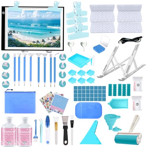 DNSGOOR 244Pcs All Inclusive Diamond Art Accessories Kit Diamond Painting A3 LED Light Pad Set with Diamond Art Sealer Glue Stand Storage Case Pens 5D Painting Tools for DIY Drill Craft - color: Blue, size: A3