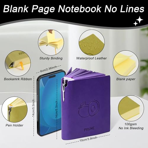 Thick Blank Journal Notebook 400 Pages With Pen Holder ，100gsm Thick Color Paper Fruit A6 Unlined Plain Sketchbook ，No Lines Notebook Soft Leather Unlined Pocket Blank Notebook For Women Drawing Book Memo Writing Sketch Diary 3.9 × 5.5 (Prune -Purple) - s