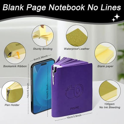 Thick Blank Journal Notebook 400 Pages With Pen Holder ，100gsm Thick Color Paper Fruit A6 Unlined Plain Sketchbook ，No Lines Notebook Soft Leather Unlined Pocket Blank Notebook For Women Drawing Book Memo Writing Sketch Diary 3.9 × 5.5 (Prune -Purple) - s