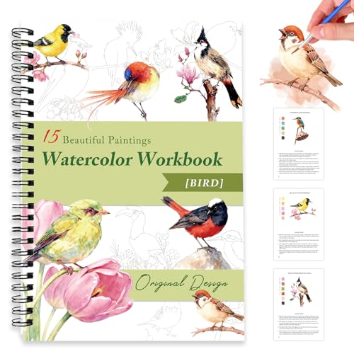 Watercolor Workbooks for Adults Beginners & Teens, 16 Colors 15 Beautiful Paintings, Pre-Outlined Designs, Easy Watercolor Art Book（Without Palette Bird） - color: Bird, size: without palette