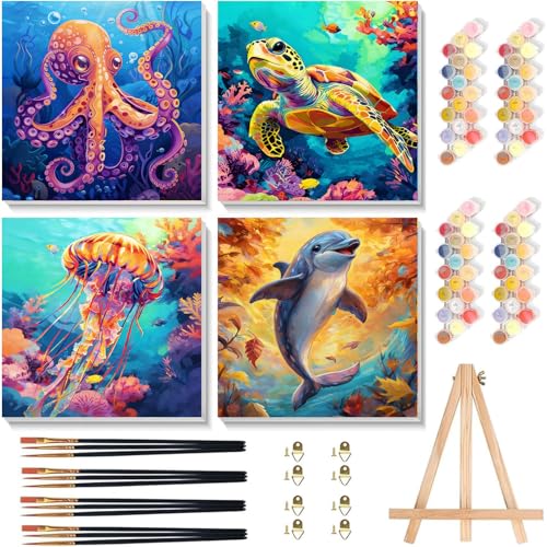 Arttoplus 4 Pack Paint by Numbers Kit for Kids with Frame, Sea Animals Kids Paint by Numbers Ages 4-8-12 with Wooden Easel,Easy Oil Painting by Number for Gift Home Wall Decor(8x8 inch) - color: BKH2401+BKH2402+BKH2403+BKH2404-US