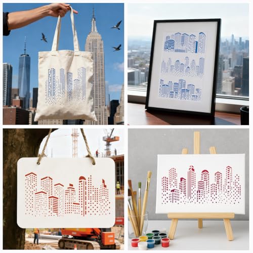 12 Sheets City Silhouette Stencils for Painting, 12 Styles Skyscraper Drawing Template Reusable City Buildings Templates for Painting on Canvas Wood Wall Home Decor - style: City Silhouette