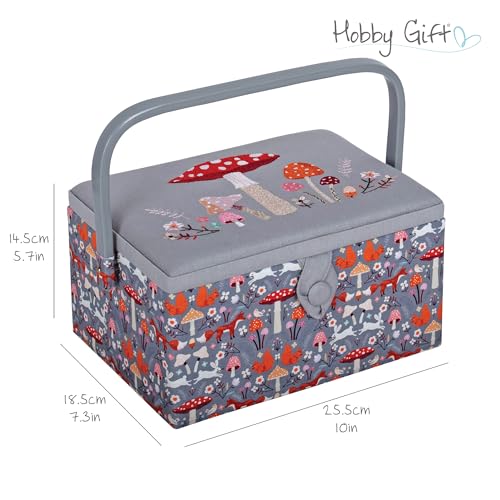 Hobby Gift Medium Sewing Box Organiser, Fabric Covered Storage Box with Handle, Internal Tray, Pin Cushion and Pocket for Sewing, Quilting and Knitting Supplies - color: Toadstool