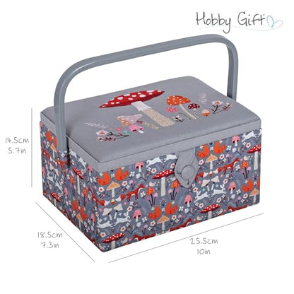 Hobby Gift Medium Sewing Box Organiser, Fabric Covered Storage Box with Handle, Internal Tray, Pin Cushion and Pocket for Sewing, Quilting and Knitting Supplies - color: Toadstool