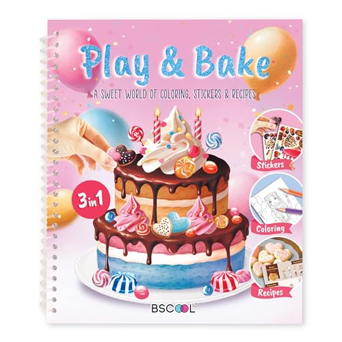 BSCOOL - Drawing, Coloring & Activity Book: Play and Bake with Stickers, Guides and Recipes. Dress Up Your Cake Design for Kids 5 and Up.Gift for Girls - color: Play and Bake Activity Book