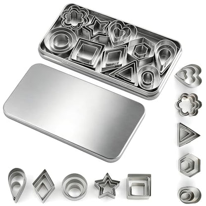 shuielia 30Pcs Mini Geometric Cookie Cutter Set with Box - Stainless Steel Small Cutters for Biscuit, Fruit, Veggie, Polymer Clay & Fondant Baking Tools