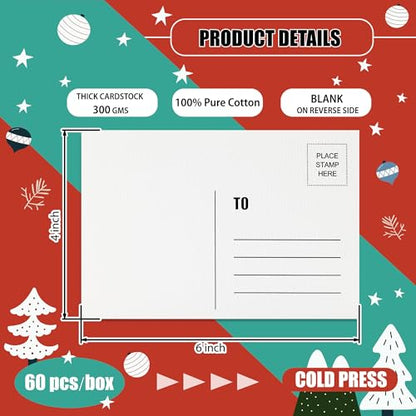60 Sheets Watercolor Postcards 4 x 6 Inch, 140lb/300GSM Cold Press Blank Postcards for Art, Watercolor Thick Cotton Paper Cards for Painting, Mailing, Invitation, Greeting Cards and Holiday Art