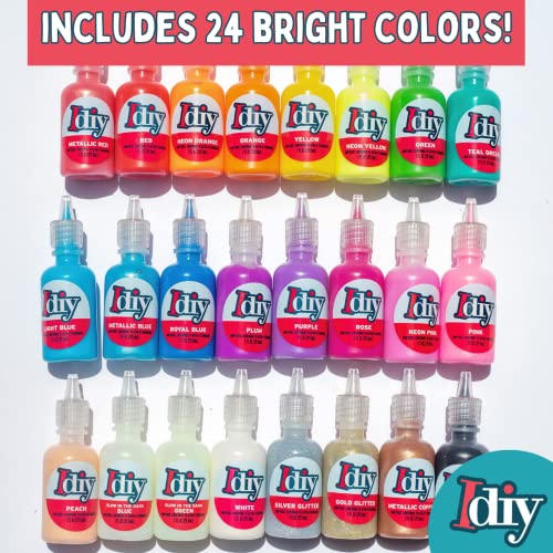 24-Color 3D Fabric Paint Set for Clothes, Canvas & Glass - Permanent Puffy Paint (1oz Bottles) with Neon, Metallic, Glitter & Glow in The Dark Colors - Includes 3 Brushes & 5 Stencils, Non-Toxic
