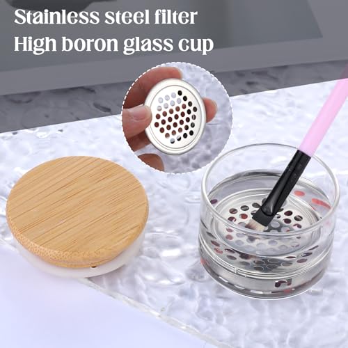 Nail Brushes Washing Cup, Acrylic Liquid Powder Glass Dappen Dish Glass Cup, Mesh Acrylic Liquid Powder Removal Dappen Dish with Lid & Mesh Layered Brushes Washer