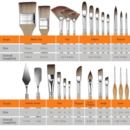 Bougimal 26pcs Paint Brush Set, Professional Acrylic Paint Brushes with Flat, Filbert, Fan, Dagger, Cat Tongue, Round, Palette Knife, Artist Paint Brushes for Acrylic Painting, Oil, Watercolor (Wood) - color: Wooden
