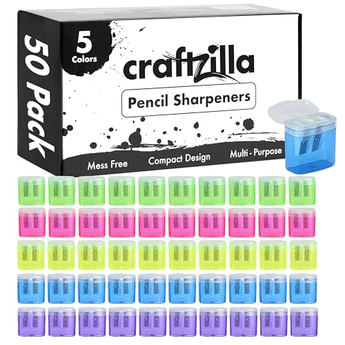 Craftzilla 50 Pack Bulk Pencil Sharpeners, Dual-Hole Manual Sharpener for Standard & Jumbo Pencils, Back to School Supplies for Classrooms & Offices with Lid, 5 Assorted Colors - size: 50pcs Pencil Sharpeners