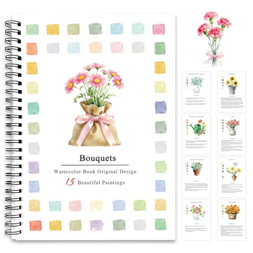 SLWBZ Watercolor Workbook Bouquets, 15 Different Patterns of Original DIY Designs, Beginner-Friendly Watercolor Workbooks, (Bouquets, Without Palette) - color: Bouquets, size: without palette