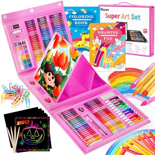 iBayam 251-Pack Art Supplies, Drawing Arts Kits for Kids Teens Adult - Travel Art Set Case with Double Sided Trifold Easel, Drawing Pad, Coloring Book, Scratch Paper, Gifts Idea for Girls Boys Artist - color: Pink