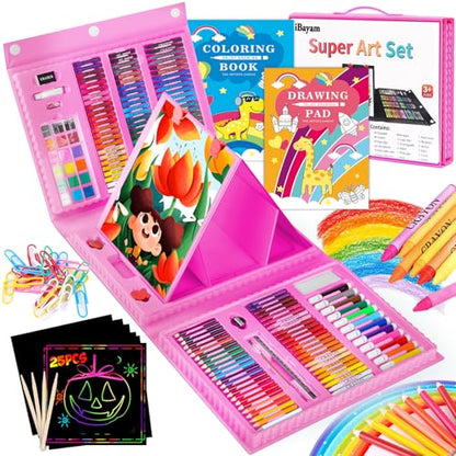 iBayam 251-Pack Art Supplies, Drawing Arts Kits for Kids Teens Adult - Travel Art Set Case with Double Sided Trifold Easel, Drawing Pad, Coloring Book, Scratch Paper, Gifts Idea for Girls Boys Artist - color: Pink