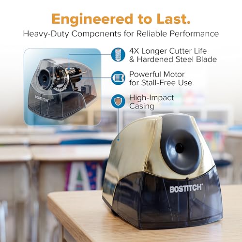 Bostitch Office Electric Pencil Sharpener for Classroom & Desk Use, Heavy-Duty Stall-Free Motor, High-Capacity Shavings Tray, Gold Chrome - color: Gold Chrome