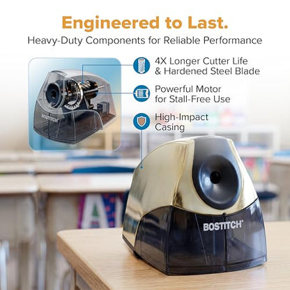 Bostitch Office Electric Pencil Sharpener for Classroom & Desk Use, Heavy-Duty Stall-Free Motor, High-Capacity Shavings Tray, Gold Chrome - color: Gold Chrome