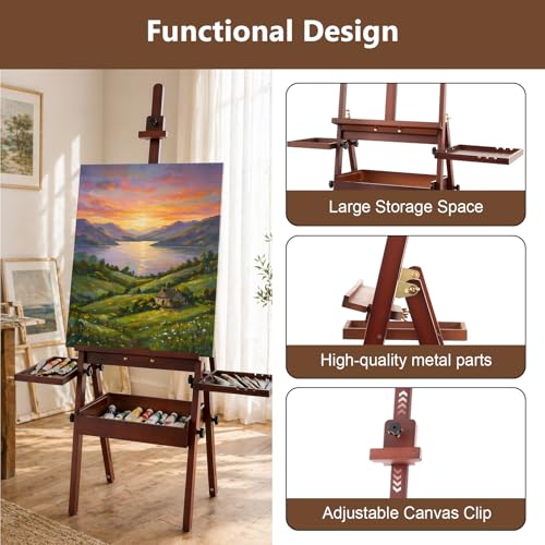 Large Wooden H-Frame Studio Easel with Storage Drawer and Palettes, Solid Beechwood Painting Easel for Students, Beginners, and Artists, Hold Canvas to 36Inches High, Walnut - style: Side Trays Walnut