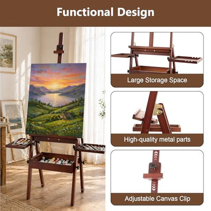 Large Wooden H-Frame Studio Easel with Storage Drawer and Palettes, Solid Beechwood Painting Easel for Students, Beginners, and Artists, Hold Canvas to 36Inches High, Walnut - style: Side Trays Walnut