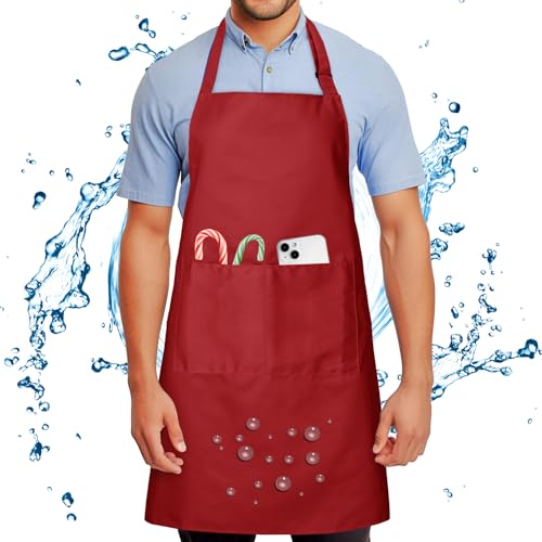 Chef Apron for Men and Women Wash Free Bib Apron with 2 Pockets Water & Oil Proof Adjustable Aprons - color: Red