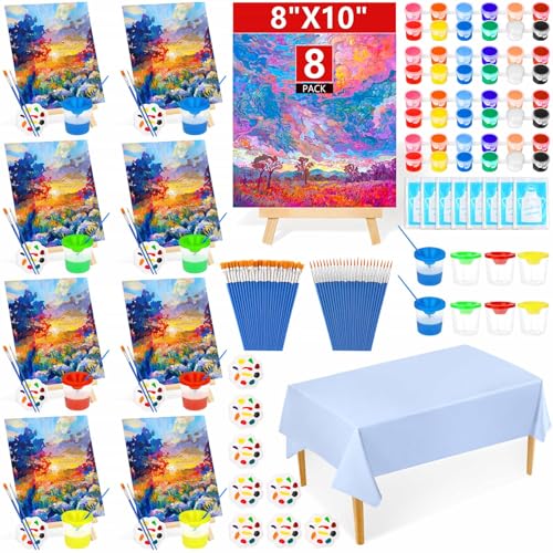 8 Pack 8x10 Inch Canvas Painting Kit, 107 PCS Canvas Boards for Painting with 50 Brushes & Paint Trays & Acrylic Paint & No Spill Cup & Apron & Tablecloth, Mini Painting Canva with Easel Set for Party - color: Rich Colors-8 pack