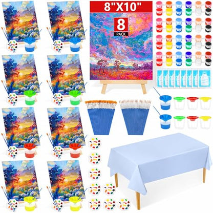8 Pack 8x10 Inch Canvas Painting Kit, 107 PCS Canvas Boards for Painting with 50 Brushes & Paint Trays & Acrylic Paint & No Spill Cup & Apron & Tablecloth, Mini Painting Canva with Easel Set for Party - color: Rich Colors-8 pack