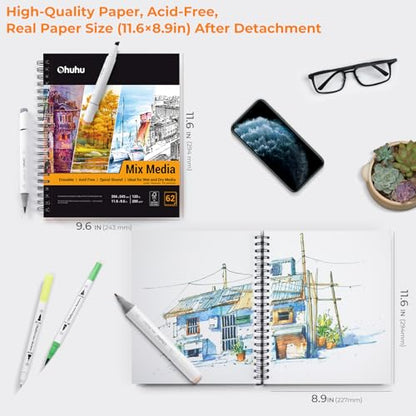 Ohuhu Mix Media Pad, 8.8" x 11.6" Mixed Media Art Sketchbook, 120 LB/200 GSM Heavyweight Papers, 62 Sheets/124 Pages, Spiral Bound Mixed Media Paper Pad for Acrylic, Painting Christmas Gift - size: 8.8" x 11.6"