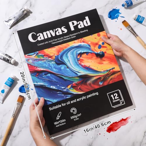 12 Sheets Canvas Paper Pad 16”x20”, 350 GSM Canvas Sheets Glue Bound Canvas Sketchbook for Adults and Students - Acrylic Painting, Oil Painting - size: 16”x20”