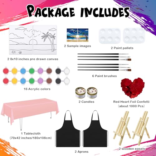 VOCHIC Sip and Paint Kit for Adult,2 Pack Pre Drawn Canvas Couple Painting Kit Date Night Couples Paint Art Set with Outline Canvas Valentine (Beach and Heart, 8 x 10 Inches) - style: Beach and Heart