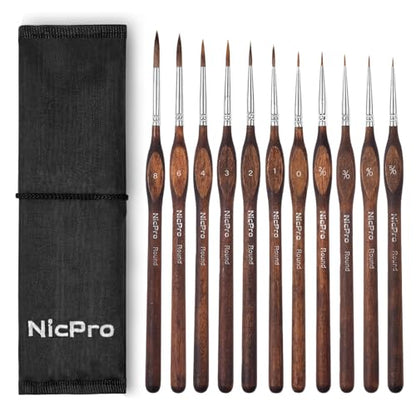Nicpro 11 PCS Kolinsky Sable Miniature Paint Brushes, Professional Fine Detail Paint Brushes with Cloth Roll, Round Point Artist Brush Set for Miniatures, Acrylic & Figures, Model, Watercolor Details - size: 11 PCS