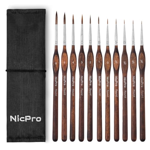 Nicpro 11 PCS Kolinsky Sable Miniature Paint Brushes, Professional Fine Detail Paint Brushes with Cloth Roll, Round Point Artist Brush Set for Miniatures, Acrylic & Figures, Model, Watercolor Details - size: 11 PCS