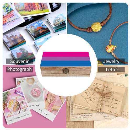 Bisexual Pride Flag Jewelry Box Wooden Rustic Multi-Purpose Organizer with Front Clasp for Jewelry, Crafts, Accessories & Small Items - color: style-3